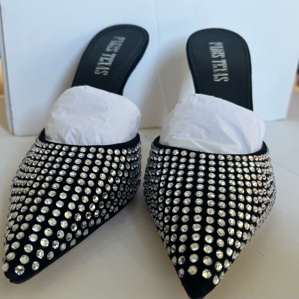 NIB Paris Texas Suede Crystal Hollywood Mules - - Black Diamond Women Size 6.5